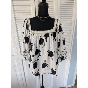Maurices Shirt Women's 2X Black Cream Crochet Floral Boho Babydoll Top Blouse